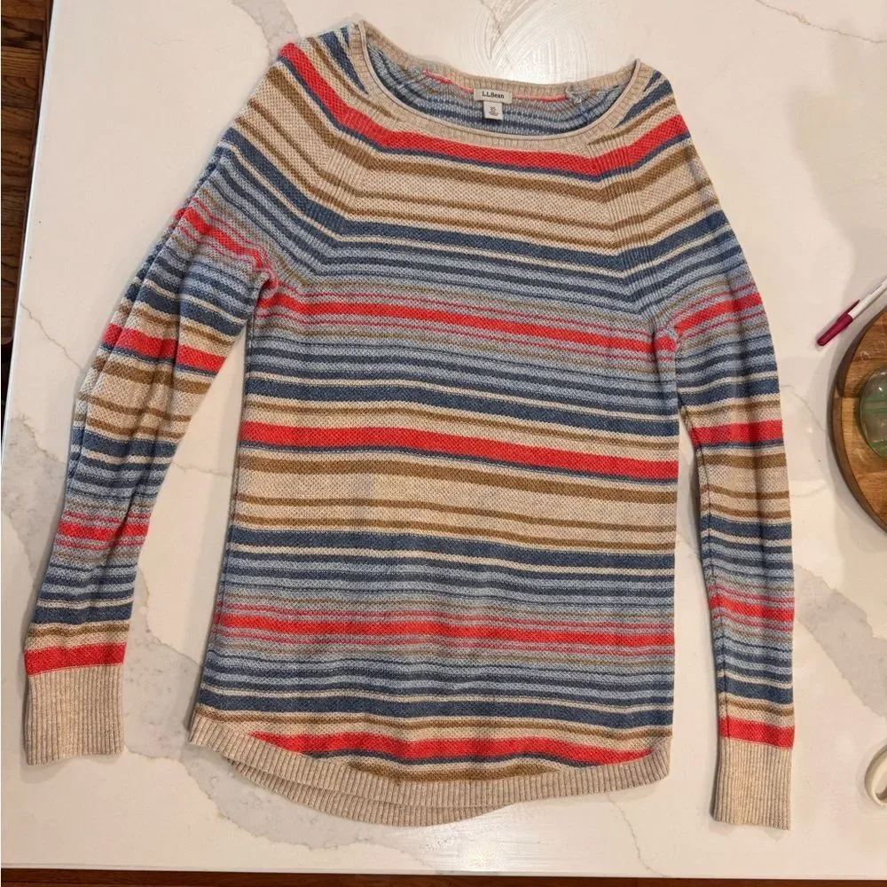 L.L. Bean Striped Crewneck Sweater in Blue, Tan, Cream & Coral